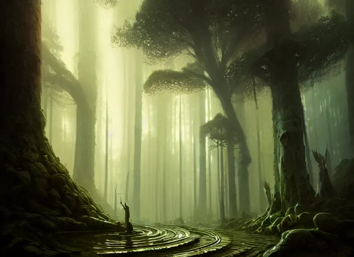 Prompt: the forest council, gods, environment, illustration, symmetrical, smoky, unreal engine, colors, epic scene, fantasy art by greg rutkowski, octane redner, golden raito, high quality, intricate details, highly details, intricate, atmosphere, highly detailed, matte painting, cinematic, deviantart, realistic, concept art, 4 k