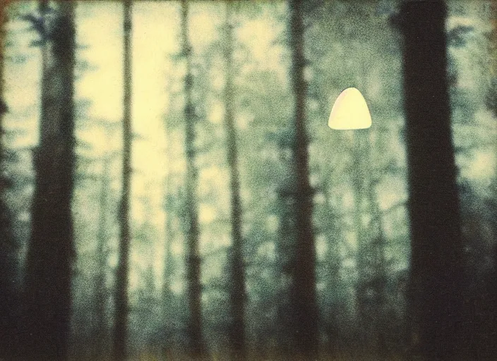 Image similar to aged blurry polaroid photograph of a ufo hovering above a forest at dusk