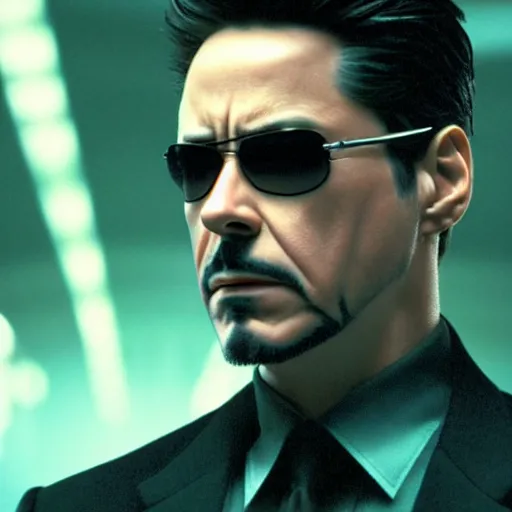 Prompt: cinematic still of Tony Stark in The Matrix (1999), XF IQ4, f/1.4, ISO 200, 1/160s, 8K, RAW, dramatic lighting, symmetrical balance, in-frame