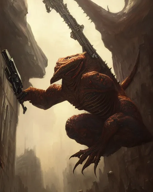 Image similar to oil painting of Krogan Lizardman, sharp focus, holding sci-fi rifle, magical aura, heroic pose, fantasy style, octane render, volumetric lighting, 8k high definition, by greg rutkowski, highly detailed, trending on art Station, magic the gathering artwork, Spaceship hallway background, centered, horror, sci-fi artwork, demonic