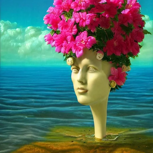 Prompt: a surreal surreal surreal vaporwave vaporwave vaporwave vaporwave painting by Thomas Cole of an old pink mannequin head with flowers growing out, sinking underwater, Macintosh Plus, Macintosh Plus, Macintosh Plus, highly detailed, caustics, sunrays, 8k hyperdetails