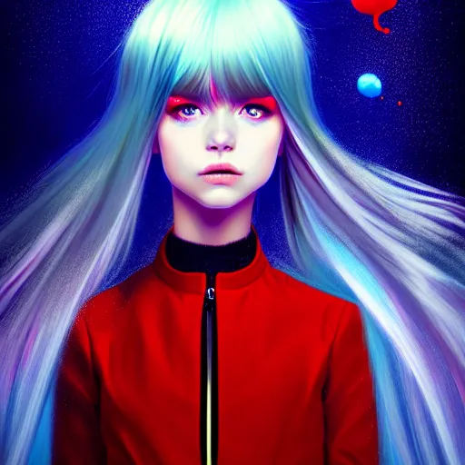 Image similar to giant droplets of water floating around girl, flying with wings, sky blue straight hair, bangs, with amber eyes, red tailcoat, high collar, ultra fine detail, dark theme, digital painting, psychedelic, film still, cinematic, wlop, ilya kuvshinov, ross tran