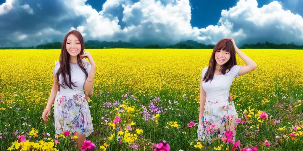 Image similar to smiling anime girl in the middle of a flower field, clouds, landscape view, beautiful