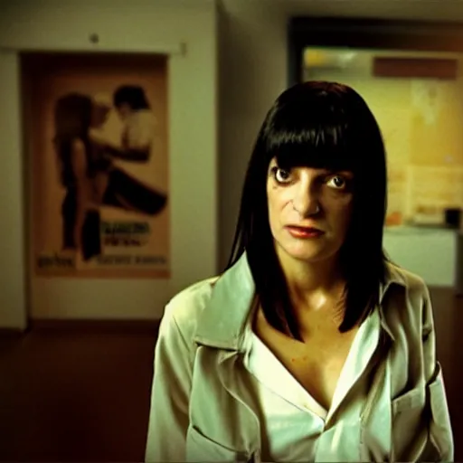 Image similar to movie still of cyborg mia wallace, cinematic composition, cinematic light, criterion collection, by edgar wright