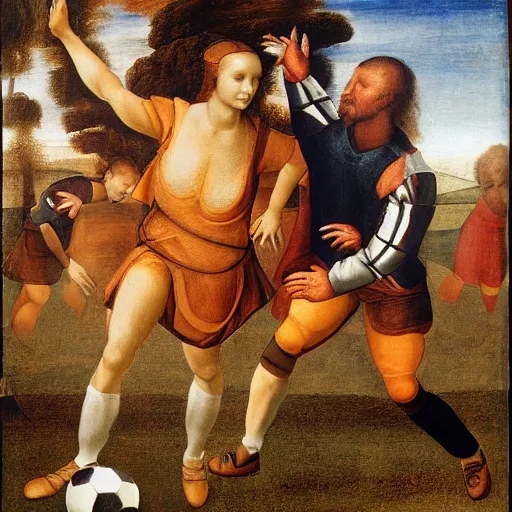 Image similar to Olivia Newton-John playing football by Leonardo da Vinci