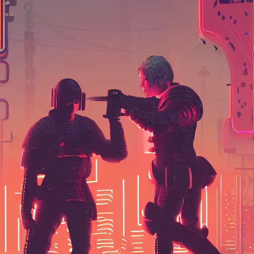 Prompt: jaime lannister and brienne of tarth fighting against a horde of neon zombies, cyberpunk art by james gilleard, cgsociety, retrofuturism, synthwave, retrowave, outrun