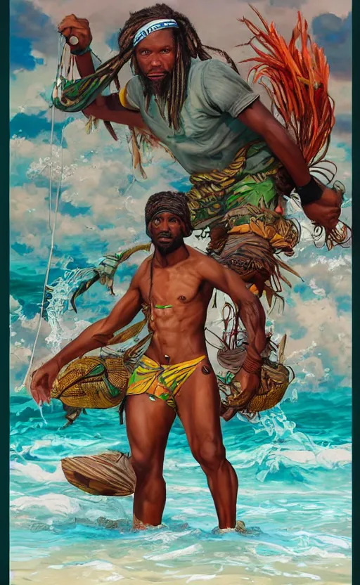 Prompt: character concept of a singular Jamaican fisherman wearing calico cloth and posing in a battle stance in the Jamaican sea, symmetrical face, dreadlocks, colors of Jamaica, cinematic, by Ross Tran and Artgerm and Peter Mohrbacher