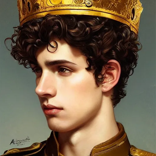 Image similar to a young man with short curly brown hair and a thoughtful expression. he wears a white military uniform and a wooden crown. he is the emperor. beautiful painting with highly detailed face by artgerm and greg rutkowski and alphonse mucha