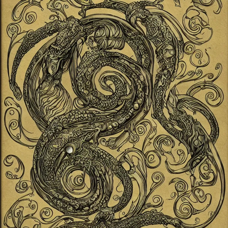 Image similar to ultra realistic illustration of a sea serpent steampunk art nouveau filgree scrollwork