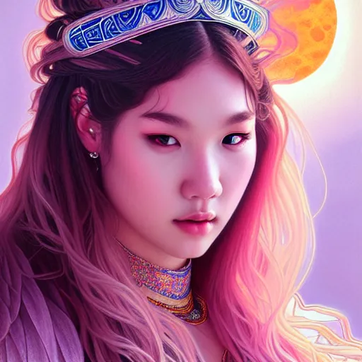 Image similar to portrait of jossi of blackpink, goddess of the moon, highly detailed, digital painting, smooth, sharp focus, illustration, ultra realistic, 8 k, art by artgerm and alphonse mucha