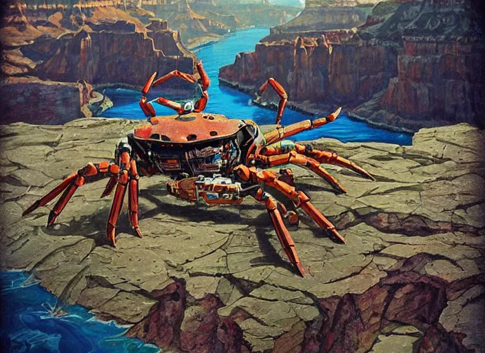 Prompt: realistic physically based rendering of a giant mechanical robot crab at the grand canyon by jack kirby!!! and simon bisley, epic, awesome trendy color palette, cinematic, claymation, by wes anderson and joop geesink, diorama