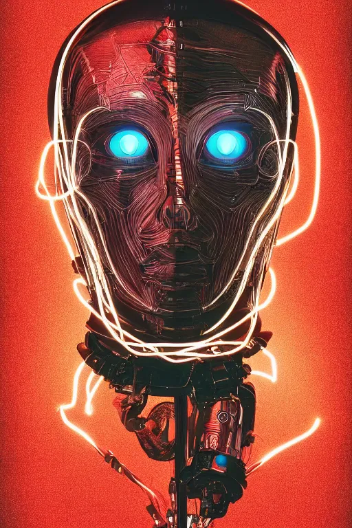 Prompt: organic cyborg head wrapped in plastic wire by pixar, centered, symmetrical, cinematic lighting, gold and red, bilateral symmetry, 80s poster, polished, thick smoke, retro dark vintage sci-fi, 2D matte illustration