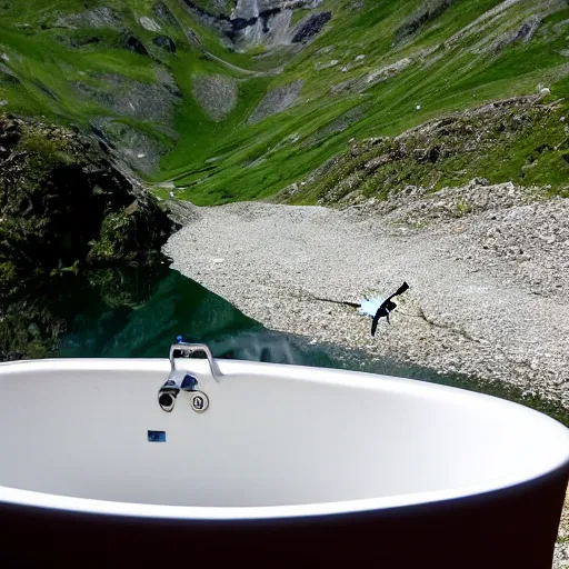 Prompt: dragonfly in a bathtub in the alps, goats in background