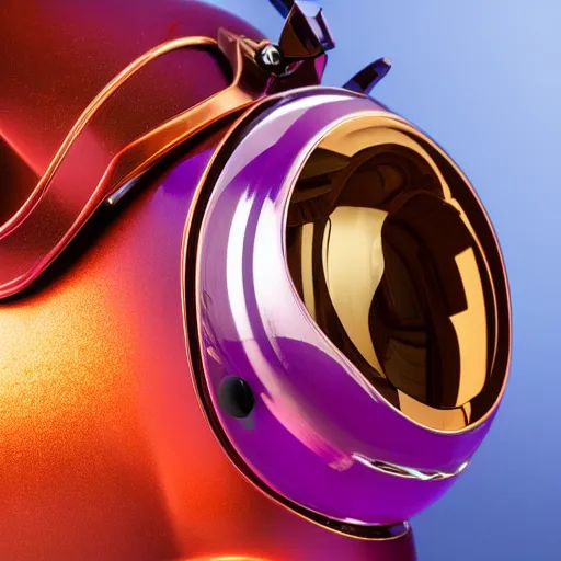 Image similar to award winning product photography, 3 5 mm lens, of a glossy orange metallic and shiny purple metallic shiny ergonomic virtual reality headset as off a 1 9 3 6 bugatti type 5 7, studio lighting,
