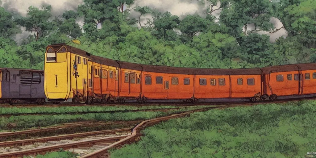 Prompt: sri lankan train, drawn by hayao miyazaki