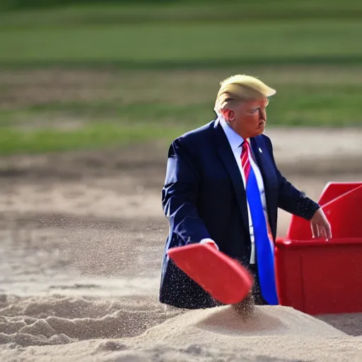 Image similar to trump is playing in a sandbox but won't let other kids play, gettyimages,