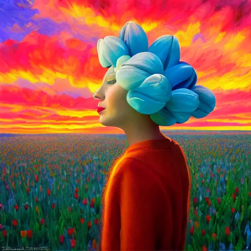 Image similar to girl with a giant tulip head, surreal photography, flower field, sunset dramatic light, impressionist painting, colorful clouds, blue sky, digital painting, artstation, simon stalenhag