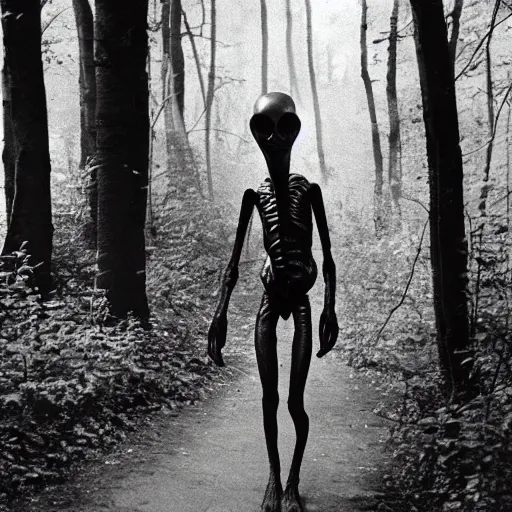 Image similar to old photo of an alien walking through the woods