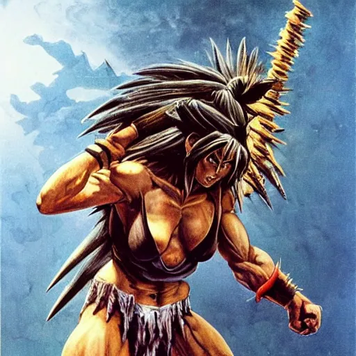 Image similar to Savage battlescarred Saiyan warrior girl, cavewoman, wild spiky black electrified hair, pelt, torn clothing, savage cloak, scars of battle, bloody, electrical aura, scimitar, primeval fantasy, prehistoric fantasy, orcs, goblins attacking, 1980s pulp fantasy, art by Frank Frazetta and Boris Vallejo