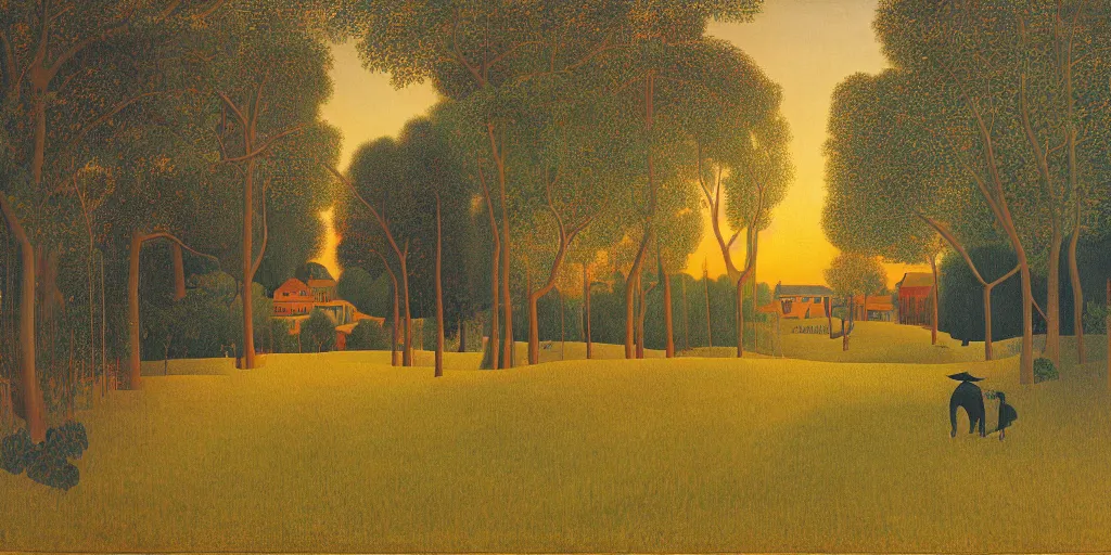 Image similar to a beautiful painting of Woodstock Georgia by Henri Rousseau, golden hour, 8k, 4k