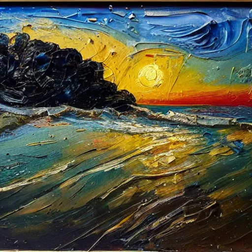 Prompt: oil paint impasto relief, beautiful night italian beach scene, rough sea, multi layered thick brush marks, some splattered paint, in the style of ivan shishkin and frank auerbach and van gogh