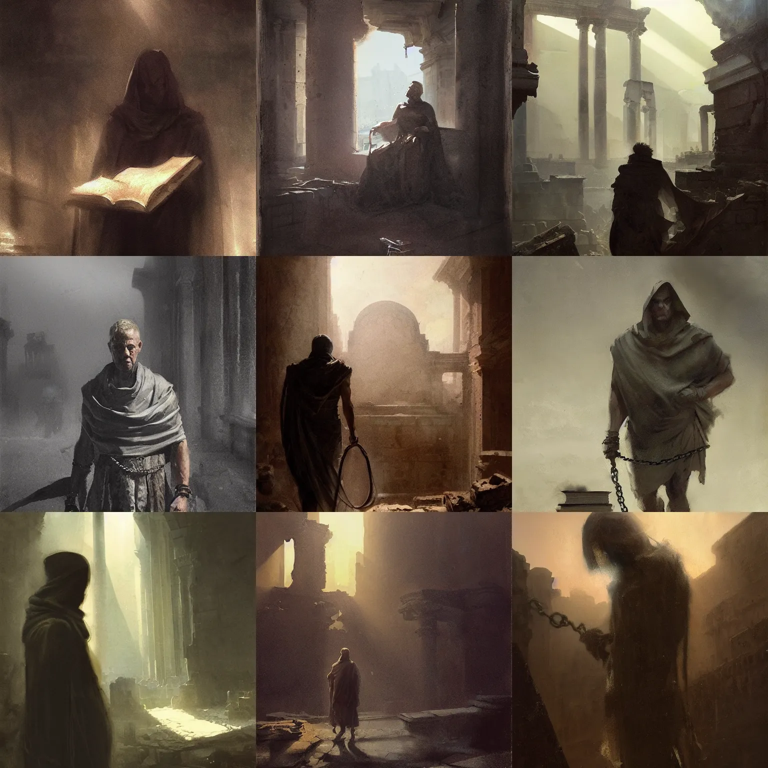 Prompt: portait of magican wearing a closed cerimonial cowl, big old book!! chained to the wrist, by jeremy mann, by greg rutkowski, by tiepolo and mike mignola, face in the shadows, ( ( ruins of ancient rome ) ), at dusk, mysterious atmosphere, sunrays, high detailed, 8 k