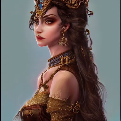 Image similar to A beautiful detailed portrait of a tempting young beautiful female fantasy sorceress with fair skin and long dark brown hair dressed in ornate magical clothing by Kirbi Fagan, trending on artstation