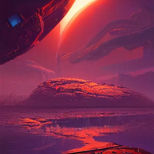 Image similar to landscape, research base on alien world, cyberpunk, sci fi, horror, highly detailed, intricate, red, purple, yellow, matte painting, by rhads and mohrbacher,