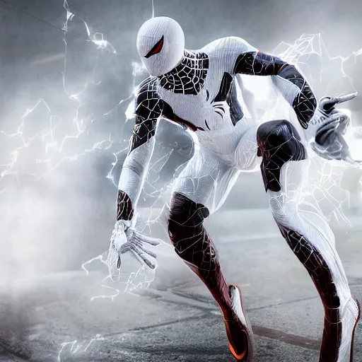 Image similar to white spider - man suit with black web lining, cinematic, volumetric lighting, realistic, hyperdetailed, photorealistic, photograph