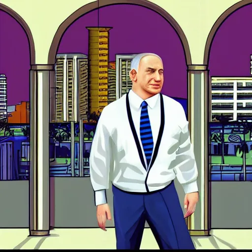 Prompt: Benjamin netanyahu GTA vice city loading screen
