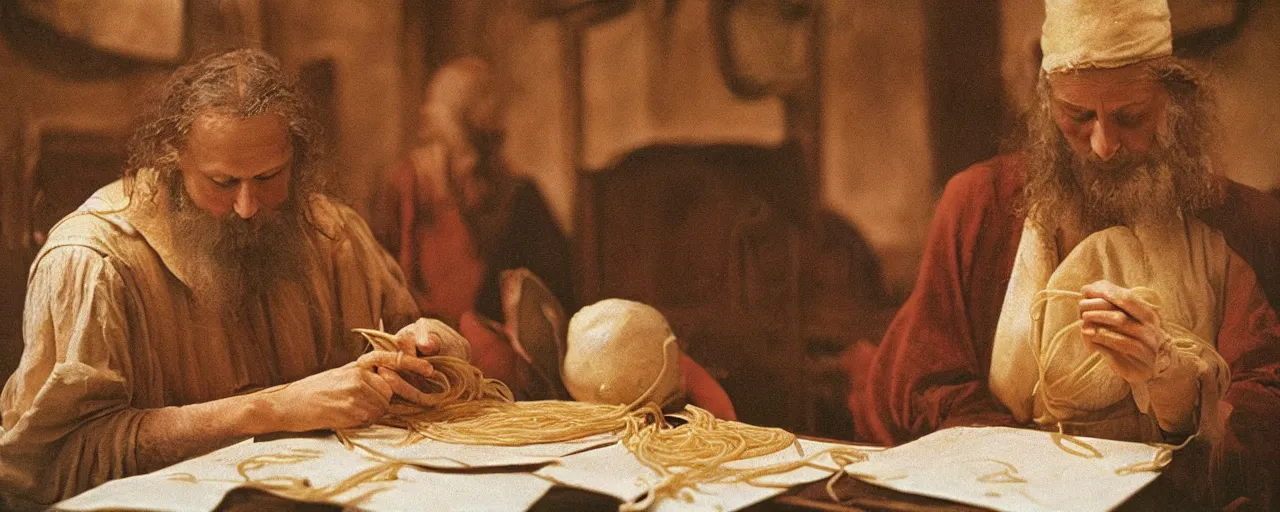 Prompt: leonardo da vinci studying spaghetti, note taking, small details, intricate, canon 8 0 mm, cinematic lighting, wes anderson film, kodachrome