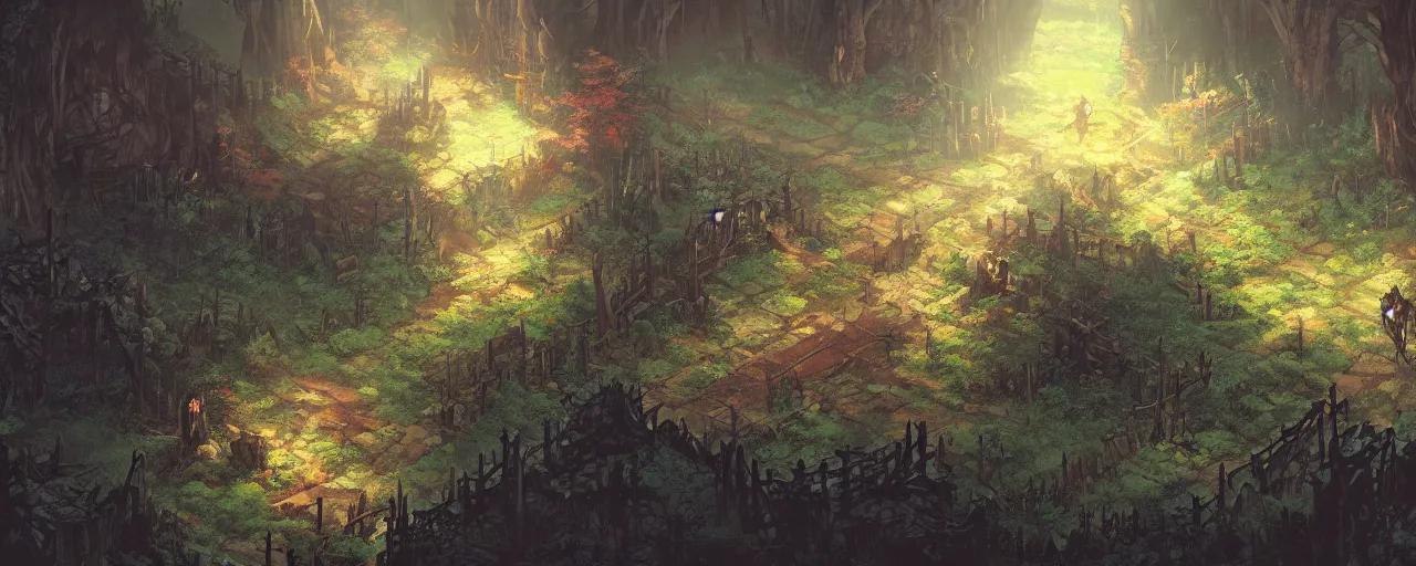 Prompt: battle background forest. jrpg. darkest dungeon. art by moebius and thomas kinkade and greg rutkowski.