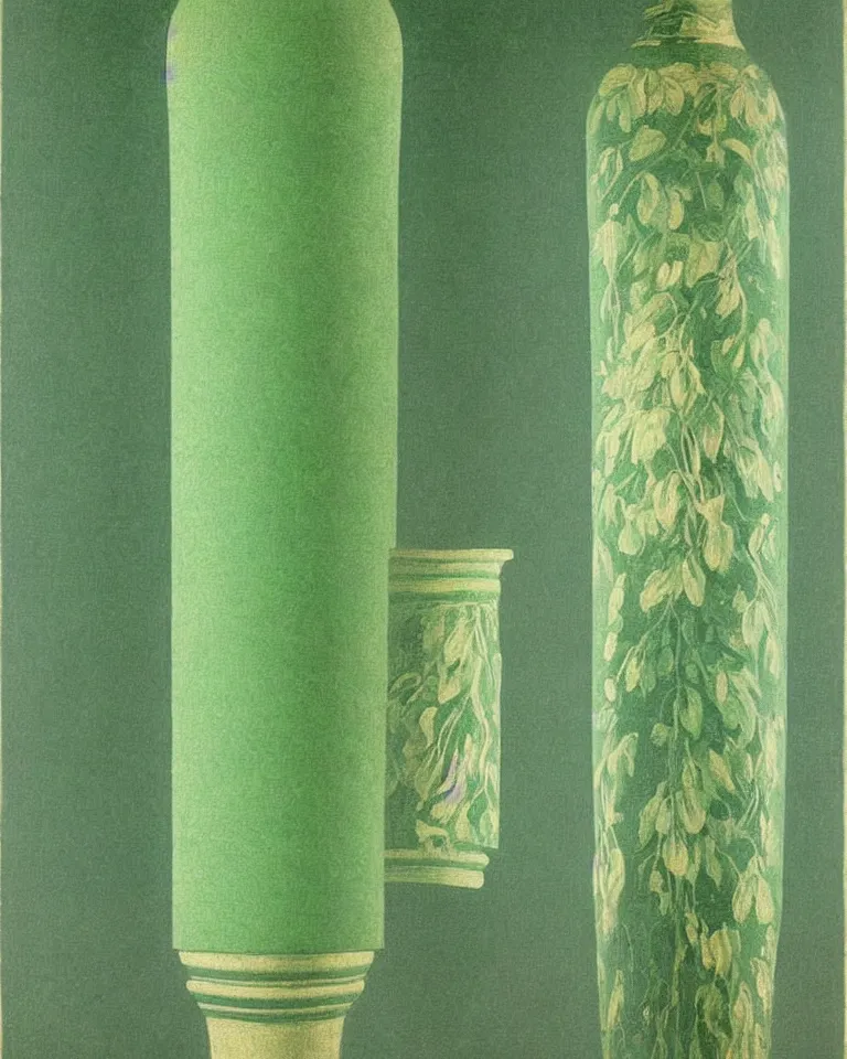 Image similar to achingly beautiful print of intricately painted ancient greek lekythos on a green pastel background by rene magritte, monet, and turner.