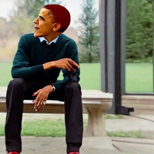 Image similar to realistic photo of casual barack obama with red hair wearing a black sweater and a green bow tie, still from riverdale