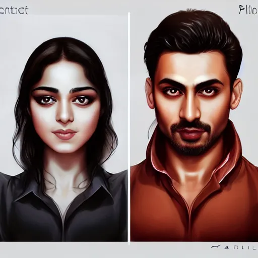 Image similar to perfectly centered symmetrical split male and female portrait of bollywood man and woman in love sharing one heart ; art by artgerm, photorealistic, highly detailed ; trending on artstation ; portrait by wlop