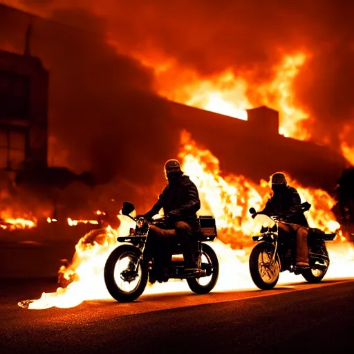 Image similar to photo of walter white and jesse pinkman riding motorcycles with a building on fire behind them, color, cinematic lighting, highly detailed