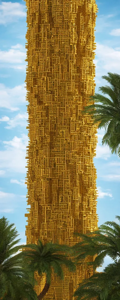 Image similar to eye level view of single tower, golden facade babylon tower, sacred ancient architecture, hanging gardens, cascading highrise, arid mountains with lush palm forest, sunlight, post - production, octane, cgi, sfx