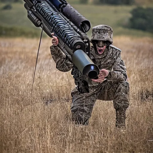 Image similar to a rocket launcher explosive deer military animal beast, huge, powerful, rocket, launcher, scary, anger, rage, canon eos c 3 0 0, ƒ 1. 8, 3 5 mm