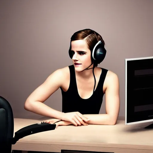 Image similar to emma watson wearing a gaming headset photo sitting on gaming chair dramatic lighting from monitor light from gaming monitor in gaming room holding controller