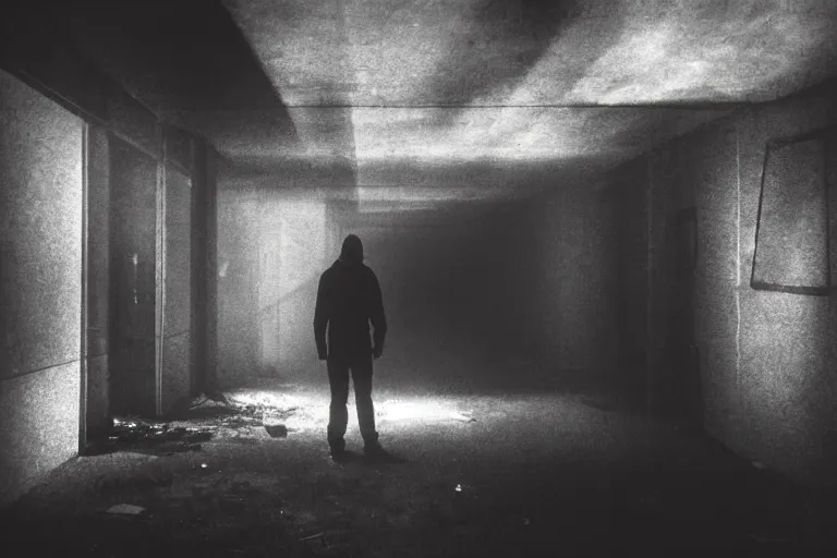 Image similar to a lonely, silhouetted figure stands alone in a creepy derelict corridor. broken windows light rays volumetric fog creepy at night