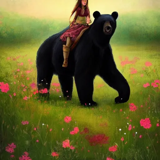 Image similar to girl riding a giant black bear in a field of flowers, trending on artstation