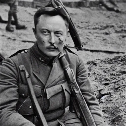 Prompt: Elon Musk as a soldier, ww1 trench, war photo, film grain