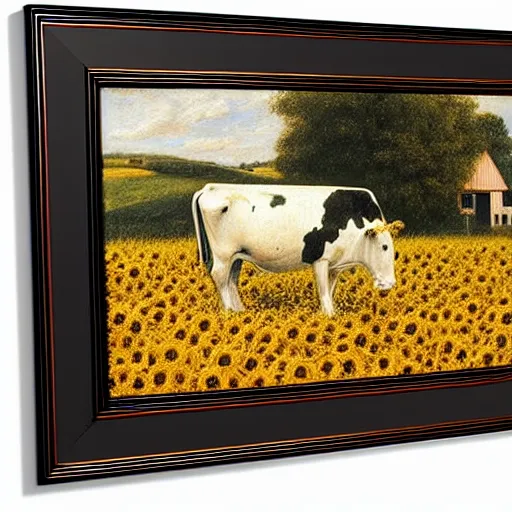 Prompt: up close face portrait of a black and white cow in a beautiful field of sunflowers with a red barn behind it, by Michael Sowa, rustic, golden hour, extremely detailed masterpiece, oil on canvas, by J. C. Leyendecker and Peter Paul Rubens and Edward Hopper and Michael Sowa,