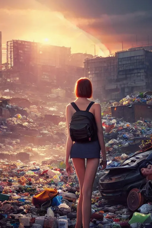 Image similar to wide photo of young woman beauty in mini short with backpack looking at food at garbage dump, destroyed cars, city is pure wasteland, moody sunset background, rays of sunlights, ( ( ( rainbow ) ) ), high details, sharp, photorealism, greg rutkowski, artgerm, unreal engine, highly detailed