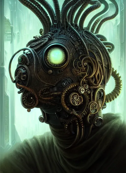 Image similar to closeup portrait shot of a cyberpunk cthulu in a scenic dystopian environment, intricate, elegant, highly detailed, centered, digital painting, artstation, concept art, smooth, sharp focus, illustration, artgerm, tomasz alen kopera, peter mohrbacher, donato giancola, joseph christian leyendecker, wlop, boris vallejo