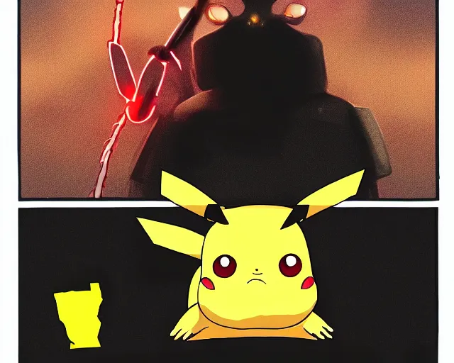 Image similar to Terminator pikachu, scene where his endoskelet gets exposed his eye glows red