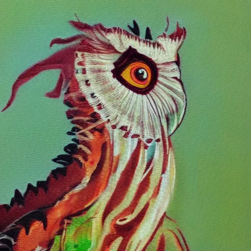 Image similar to an impressionist painting of a Chinese dragon with the face of a barn owl, covered in moss