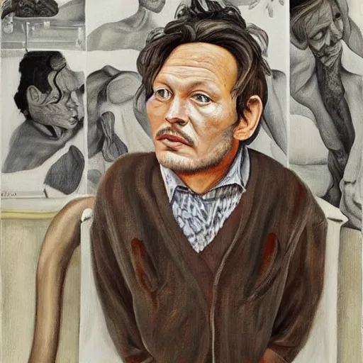 Prompt: lucian freud painting on depressed johnny depp