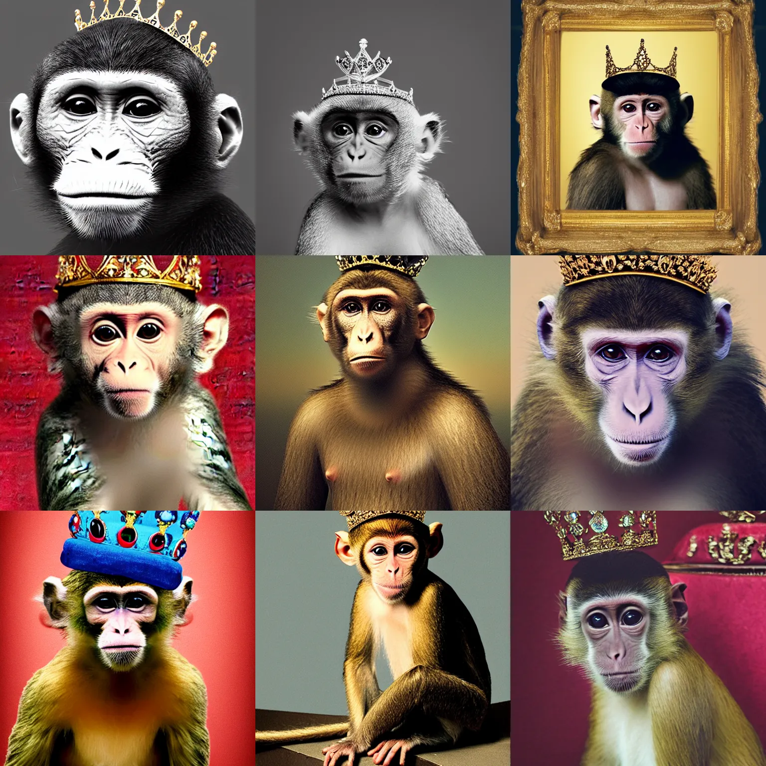 Prompt: monkey with a crown on its head, majestic royal portrait