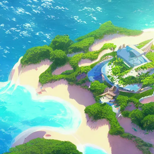 Image similar to a beautiful render of a dreamy anime island paradise from above by makoto shinkai, soft details, graphic art